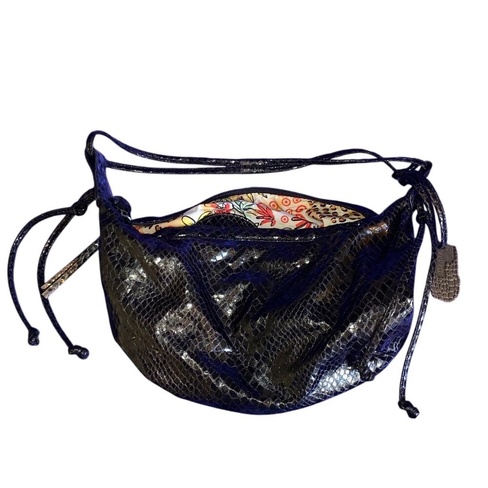Carlos Falchi Target Purse Black Snake Faux Leather Patchwork Handbag Straps GUC